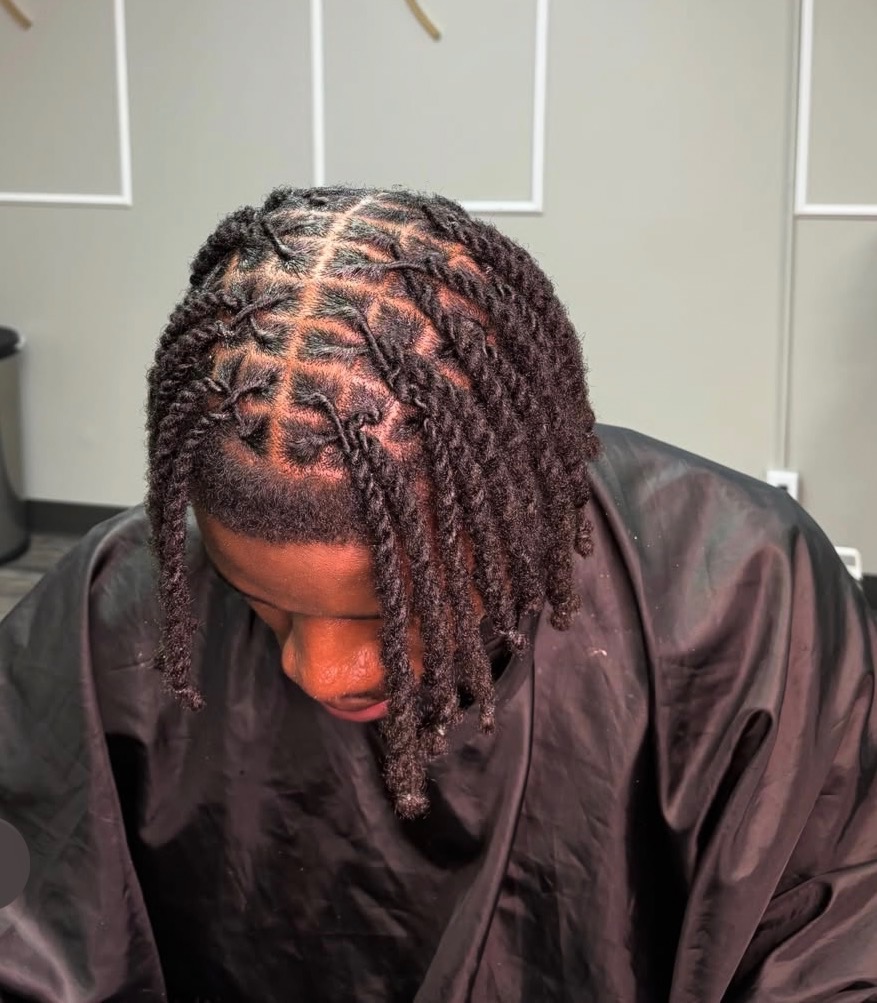 Elaborate braided hairstyle with square grid pattern